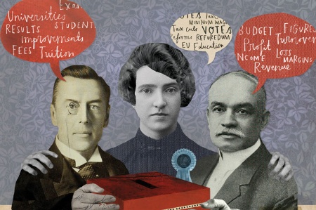 Three academics with their thoughts in speech bubbles above their heads