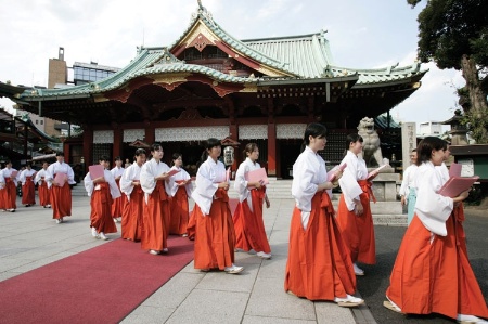 Japanese students walking in line