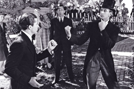 Two men preparing to fight (black and white)