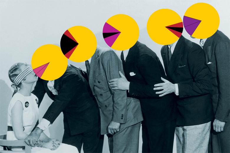 Blindfolded woman being kissed by pie charts Blindfolded woman being kissed by pie charts