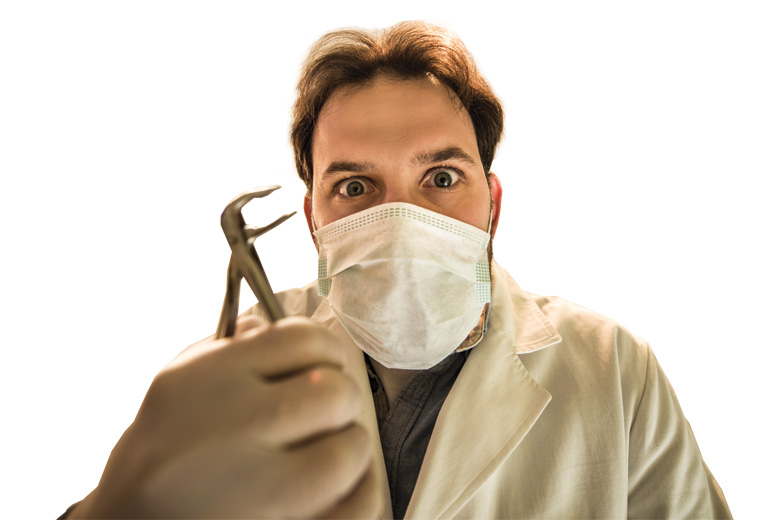 Creepy-looking male dentist holding pliers Creepy-looking male dentist holding pliers