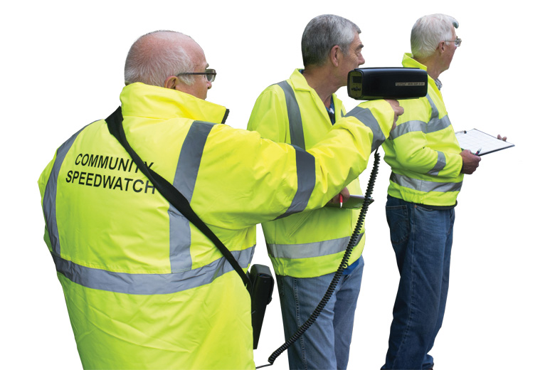 Group of men forming community speed check team Group of men forming community speed check team
