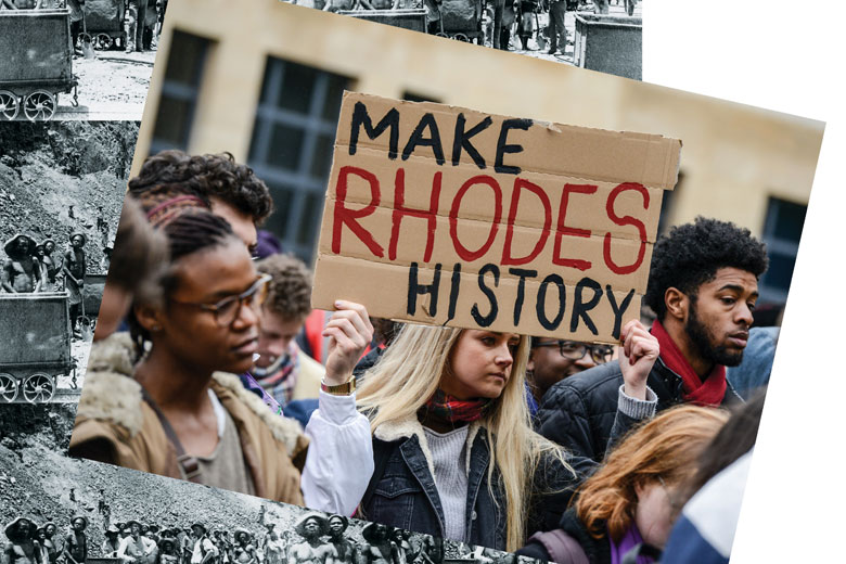 Student demonstrators holding 'Make Rhodes History' sign Student demonstrators holding 'Make Rhodes History' sign