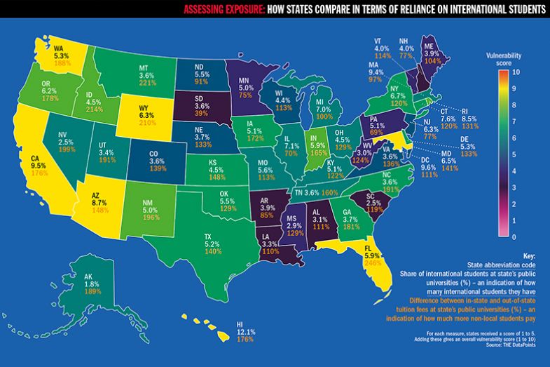 Map of the US showing how states compare in terms of reliance on international students Map of the US showing how states compare in terms of reliance on international students
