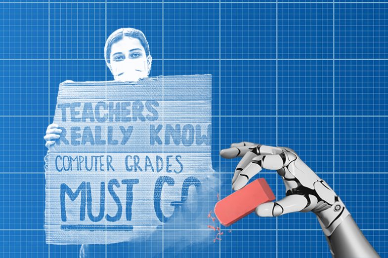 An A-level student protesting about computer grades in 2020 on a blueprint background, with a robot erasing the image. To illustrate doubt over whether algorithms could replace external examiners.
