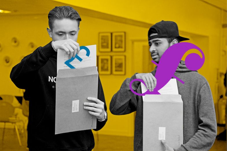 Two students opening their A-level results, with one of them pulling out a much larger pound sterling symbol from their envelope than the other. To illustrate the idea that A-level results should be considered when comparing employment outcomes.