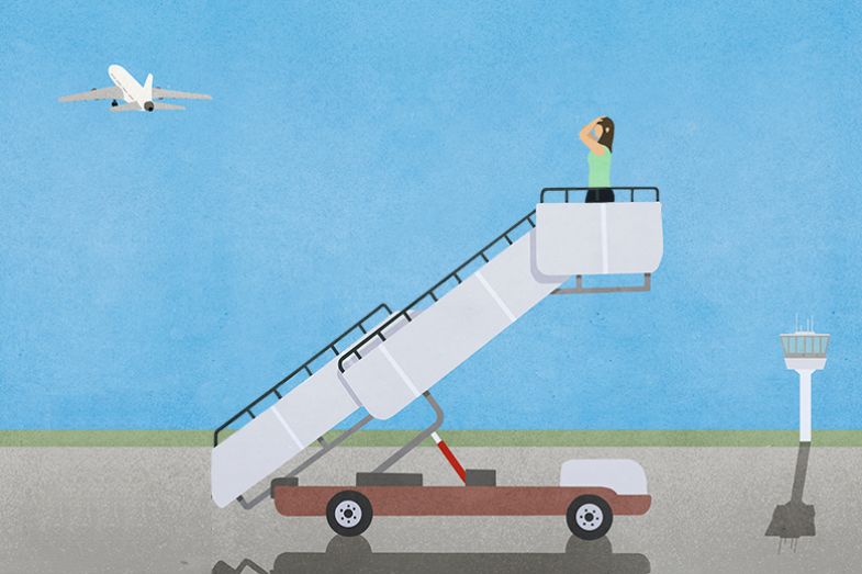 Illustration of a woman standing on aeroplane steps who has missed their flight. To illustrate the Academic Left Behind. Illustration of a woman standing on aeroplane steps who has missed their flight. To illustrate the Academic Left Behind.