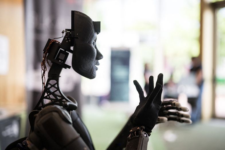 A robot using artificial intelligence is displayed at the AI for Good Global Summit in Geneva, on 30 May 2024.