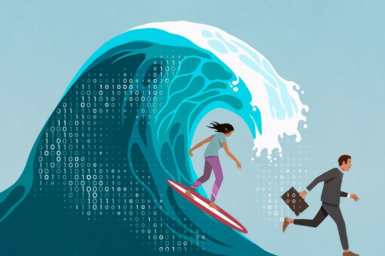 Student surfing on a wave with binary code while a teacher runs from it. To illustrate that some are still ignoring the AI tidal wave, while others are trying to surf it.