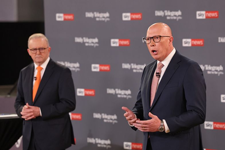 Australian Labor prime minister Anthony Albanese debates Liberal opposition leader Peter Dutton on 8 April 2025 in Sydney, Australia.