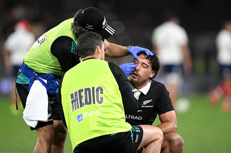 Billy Proctor of New Zealand receives medical treatment during the International Test match between New Zealand All Blacks and France at Forsyth Barr Stadium on 5 July 2025 in Dunedin, New Zealand. Billy Proctor of New Zealand receives medical treatment during the International Test match between New Zealand All Blacks and France at Forsyth Barr Stadium on 5 July 2025 in Dunedin, New Zealand.