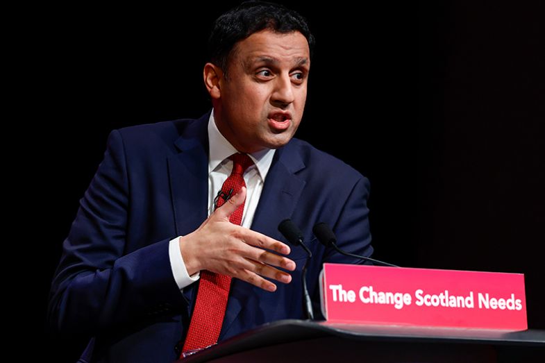 Anas Sarwar MSP, leader of the Scottish Labour Party, addresses the Scottish Labour Party annual conference, with “The change Scotland needs” written on the lectern, 16 February 2024
