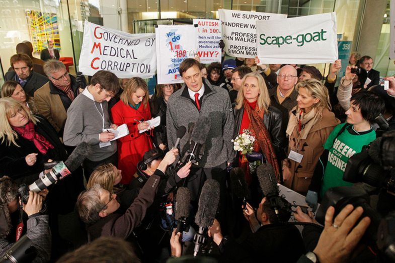 British doctor Andrew Wakefield with his wife Carmel as he addresses the media at the General Medical Council in London on 28 January 2010. Wakefield sparked the MMR controversy.