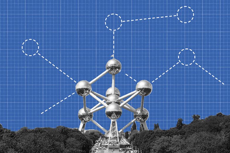 The Atomium in Brussels with a blueprint background and dashed line connections. To illustrate that the European Commission has yet to set out a clear plan for the next framework programme.