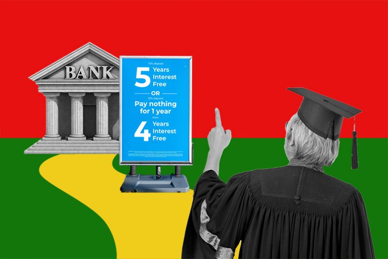 Academic walking towards a bank with a sign offering cheap credit. To illustrate the period of low interest rates that preceded the pandemic and encouraged vice-chancellors to borrow liberally to fund expansion and campus renewal. Academic walking towards a bank with a sign offering cheap credit. To illustrate the period of low interest rates that preceded the pandemic and encouraged vice-chancellors to borrow liberally to fund expansion and campus renewal.