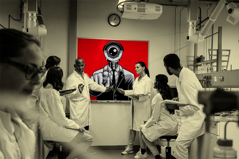 Big Brother-style totalitarian figure on a whiteboard watching scientists in a university laboratory. To illustrate the far right trying to control science.