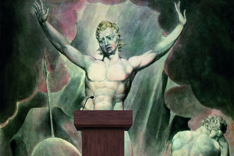 Montage of detail of ‘Satan Arousing the Rebel Angels’, 1808, by William Blake and modern lectern Montage of detail of ‘Satan Arousing the Rebel Angels’, 1808, by William Blake and modern lectern