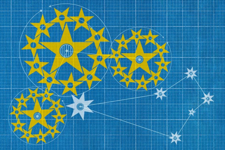 Blueprint of cogs made up of stars from the EU flag and Southern Cross stars from the Australian flag. To illustrate that collaboration between Horizon Europe and Australia might not always be possible.