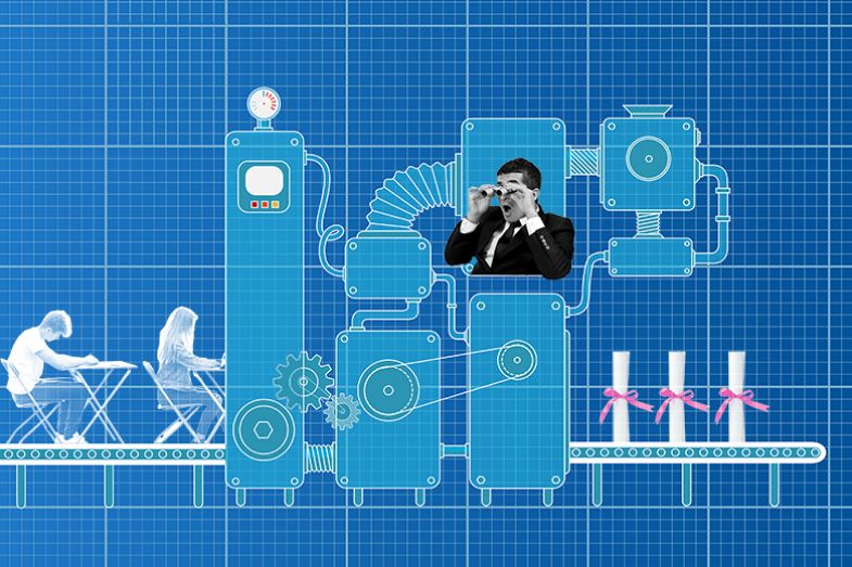 A blueprint of a machine, containing an external examiner with binoculars, which has inputs of students taking exams and outputs of degree diplomas. To illustrate that the external examiner system is an effective quality assurance mechanism.