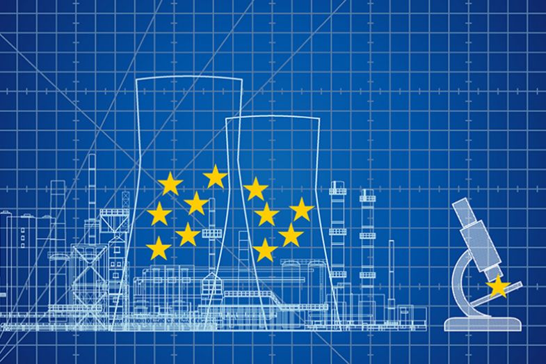 Blueprint of power plant and microscope, with the power plant containing many stars from the EU flag, while the microscope has only one. To illustrate the potential focus on industrial strategy over blue-sky research.