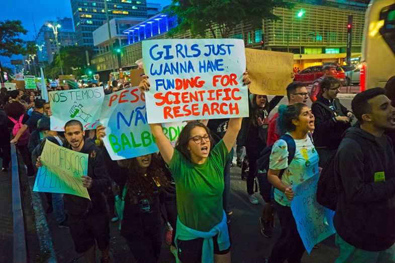 University students take part in a protest against the education policies of Brazilian president Jair Bolsonaro’s government in São Paulo, Brazil, 8 May 2019. University students take part in a protest against the education policies of Brazilian president Jair Bolsonaro’s government in São Paulo, Brazil, 8 May 2019.