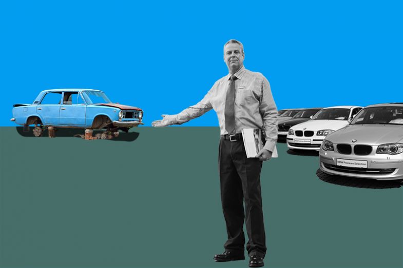Car salesman pointing away from new cars to an old broken car, illustrating the less generous pension offered to university staff if employed through a subsidiary company. Car salesman pointing away from new cars to an old broken car, illustrating the less generous pension offered to university staff if employed through a subsidiary company.
