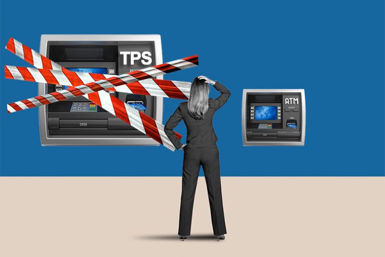 Woman looking at large cash machine which is taped off, and a smaller one. Illustrating how academic staff can struggle to obtain grants if they are employed through a subsidiary company. Woman looking at large cash machine which is taped off, and a smaller one. Illustrating how academic staff can struggle to obtain grants if they are employed through a subsidiary company.