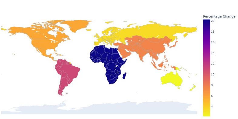 Change in World University Rankings submissions by continent (2025 v 2024) Change in World University Rankings submissions by continent (2025 v 2024)