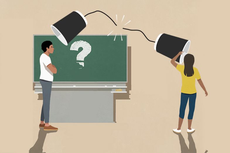 Classroom with a breakdown of communication between teacher and student. As an illustration of the difficulties faced by academics when students aren’t sufficiently good at English language.