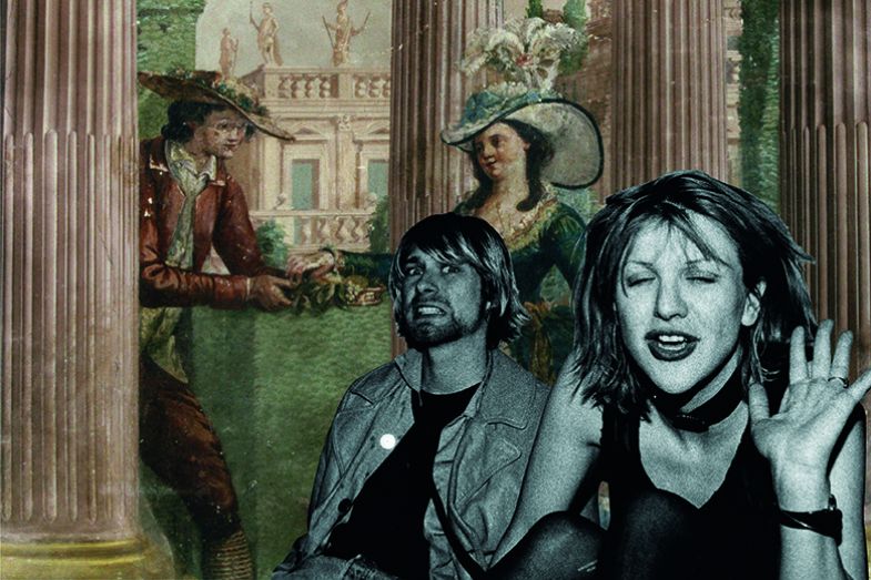 Montage of Kurt Cobain and Courtney Love with painting of courtship Montage of Kurt Cobain and Courtney Love with painting of courtship