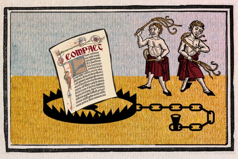 Medieval illustration of a compact in a trap, with self-flagellating people in the background. To illustrate that the Trump administration’s Compact for Academic Excellence is a trap, and those who sign will surrender almost all of their academic freedom.
