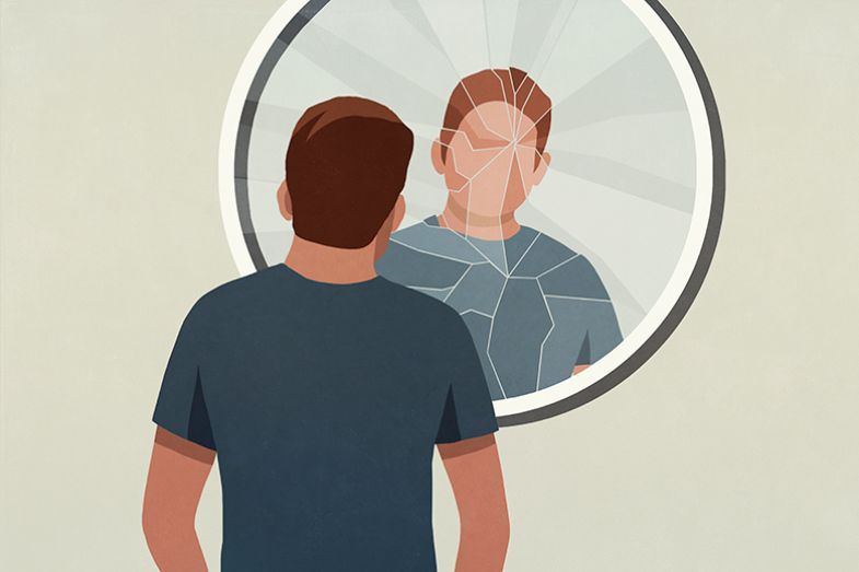 Illustration of person looking into a cracked mirror. To illustrate the Damaged Academic. Illustration of person looking into a cracked mirror. To illustrate the Damaged Academic.