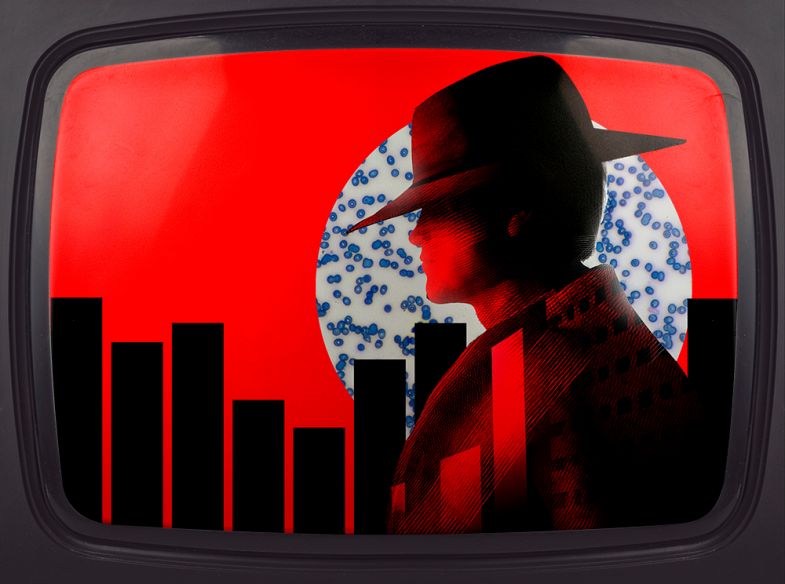 Detective with microscope slide and data graph in background, on a television screen. To illustrate scientific sleuthing.