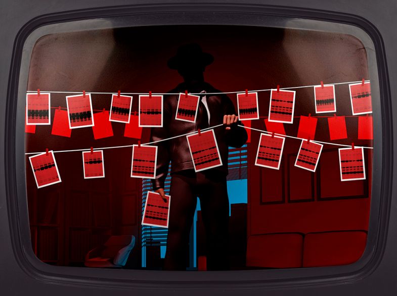 Detective with various photos of Western blots, on a television screen. To illustrate scientific sleuthing.
