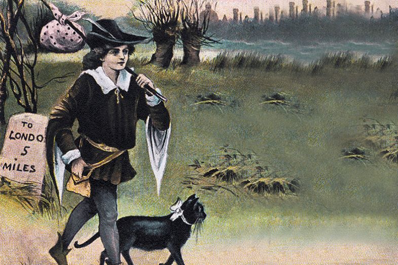 Dick Whittington on his way to London with his lucky black cat. Dick Whittington on his way to London with his lucky black cat.