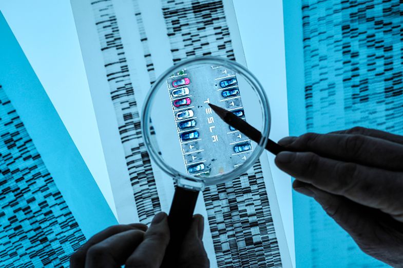 A scientist looking at a DNA sequence, with parked Tesla cars under the magnifying glass. As an illustration of the wish by the Australian government that university research is used productively. A scientist looking at a DNA sequence, with parked Tesla cars under the magnifying glass. As an illustration of the wish by the Australian government that university research is used productively.