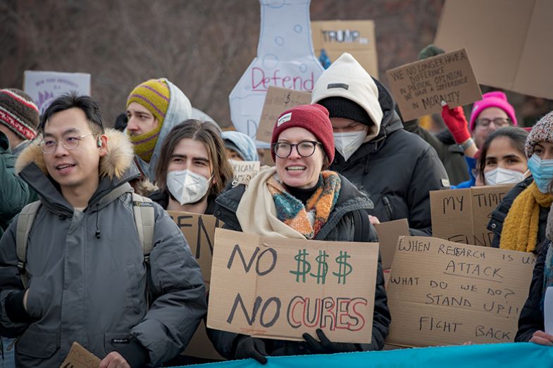 Hundreds of academic workers, elected officials and allies gathered at Washington Square Park in Manhattan for a protest against the Trump administration and the Department of Government Efficiency (Doge) freezing of public funding for science research Hundreds of academic workers, elected officials and allies gathered at Washington Square Park in Manhattan for a protest against the Trump administration and the Department of Government Efficiency (Doge) freezing of public funding for science research