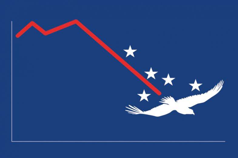 An eagle descending in flight with a line graph following it down. To illustrate that federal funding cuts and immigration controls under Trump are almost certain to have a negative impact on the rankings of US universities.