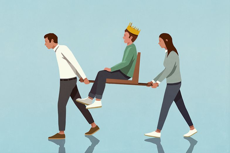 Illustration of a person wearing a crown being carried on a chair by two others. To illustrate the Entitled Academic. Illustration of a person wearing a crown being carried on a chair by two others. To illustrate the Entitled Academic.