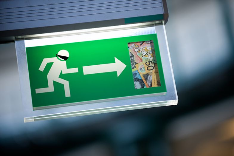 An exit sign showing a gagged figure running to the door containing Australian dollars. To illustrate non-disclosure agreements being signed in return for payment.