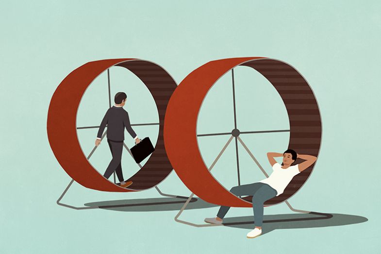 Illustration of person relaxing on a treadmill while another is running. To illustrate the Expert Shirker academic type. Illustration of person relaxing on a treadmill while another is running. To illustrate the Expert Shirker academic type.