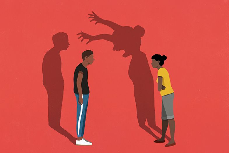 Illustration of people in conversation, with the shadow of one of them being a monster. To illustrate the Explosive Academic, who can get so passionate about an issue or an obstruction that they end up yelling. Illustration of people in conversation, with the shadow of one of them being a monster. To illustrate the Explosive Academic, who can get so passionate about an issue or an obstruction that they end up yelling.