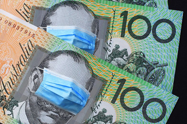 Australian 100 dollar notes with Covid masks over John Monash’s eyes. To illustrate that the post-Covid economic slump is partly to blame for the lack of funding for research. Australian 100 dollar notes with Covid masks over John Monash’s eyes. To illustrate that the post-Covid economic slump is partly to blame for the lack of funding for research.