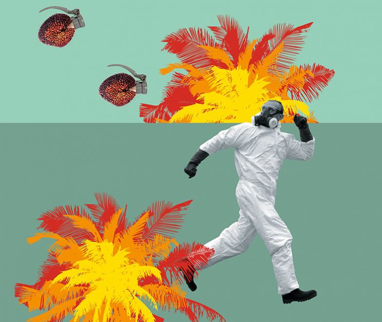 Illustration/photo montage of man running from hand grenades Illustration/photo montage of man running from hand grenades