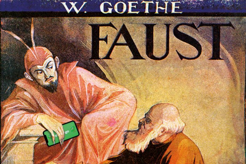 Faust talks to the devil, who is carrying a mobile phone Faust talks to the devil, who is carrying a mobile phone