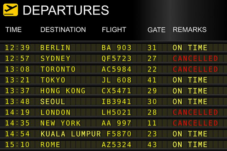 Flight departure board with destinations in the anglophone ‘big four’ countries cancelled. To illustrate changes in the destinations of Asian students.