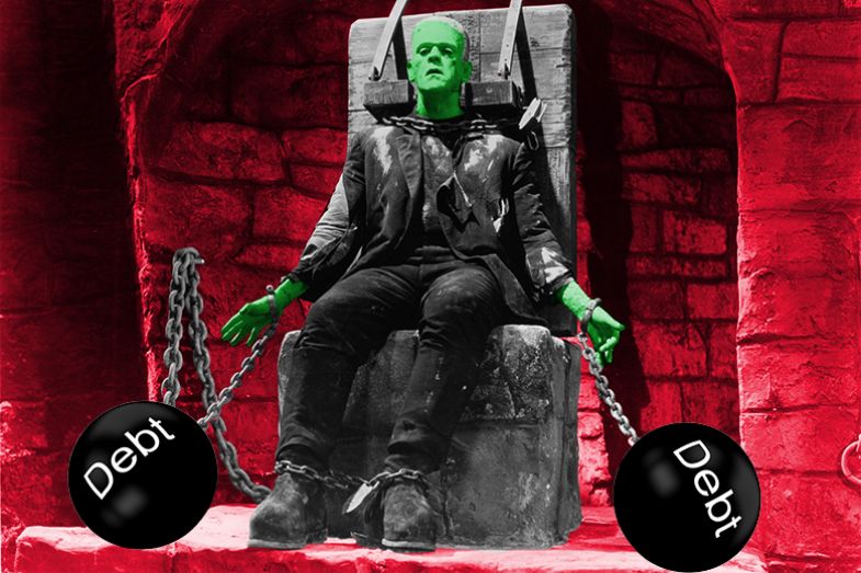 Frankenstein’s monster chained with debt balls and chains, as an illustration of the trap of the student loan system.