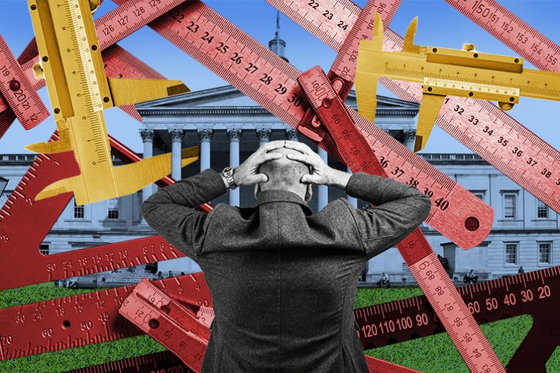 A frustrated man in front of a university being measured, as an illustration of the difficulty in measuring university outputs for the Research Excellence Framework.