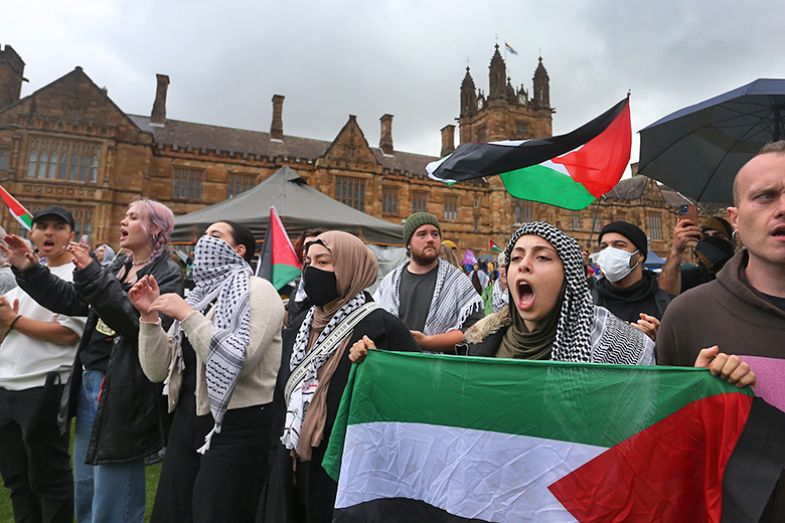 Protesters gather on the lawns of the University of Sydney in support of a pro-Palestine encampment on 3 May 2024 in Sydney, Australia.