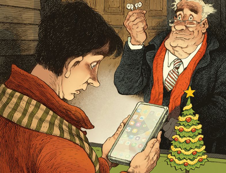 Illustration for story by John Gilbey. Peter, vice-chancellor of the University of Rural England, lets Adam look at his phone